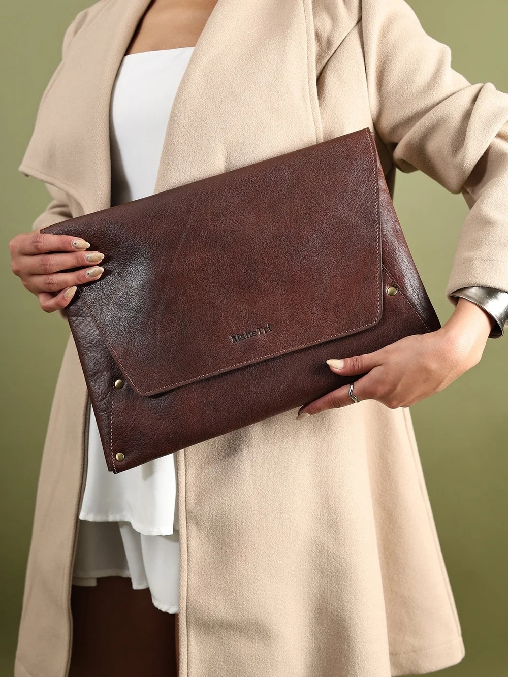 Vintage-Style Brown Leather Envelope Clutch